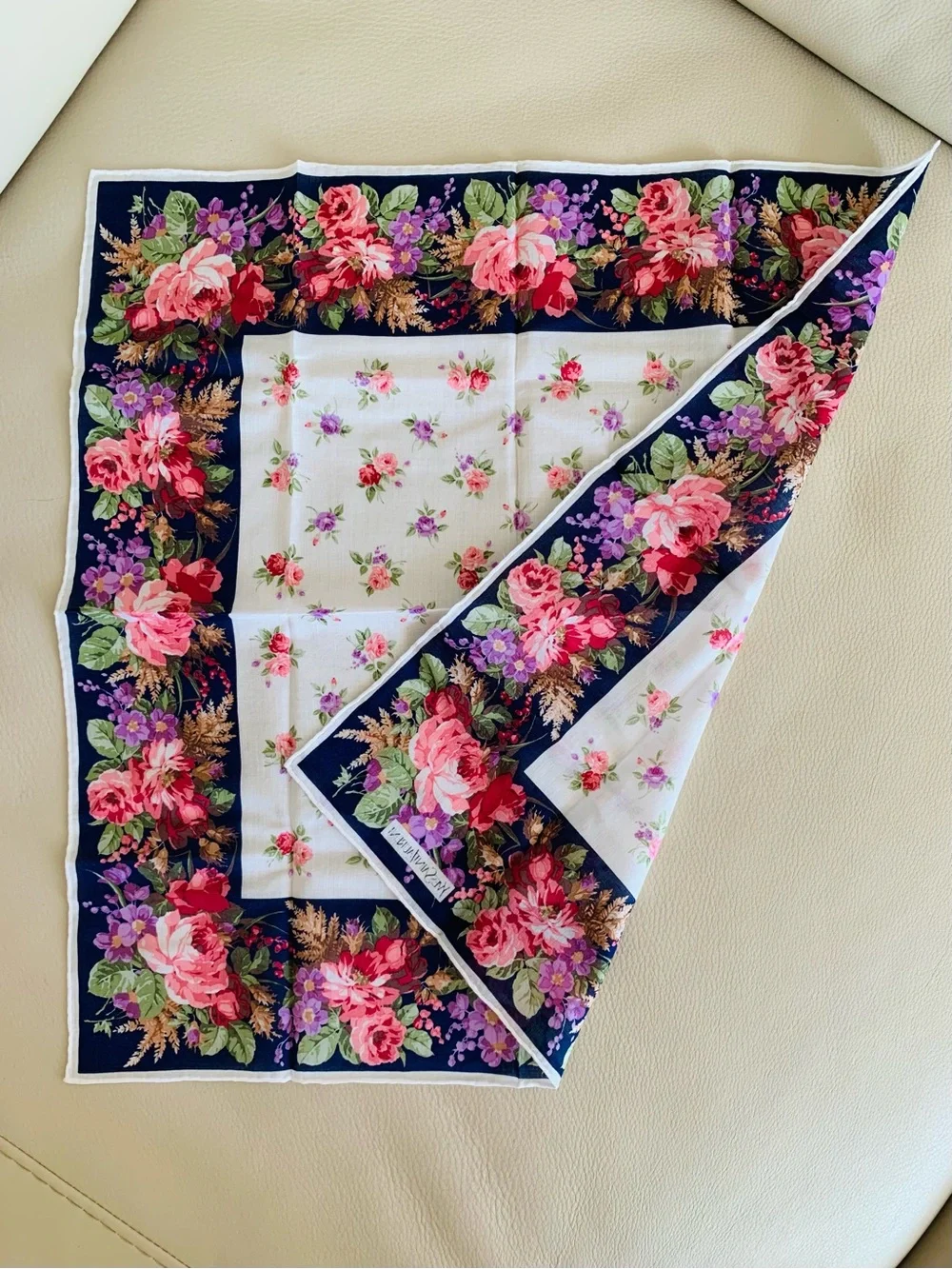 Yves Saint Laurent YSL Vintage Floral Handkerchief 18” Navy Pink Purple Japan